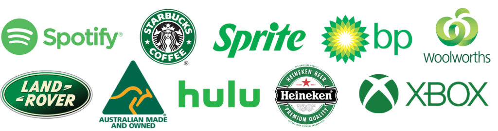 Collection of Green logos included Spotify, Starbucks, Sprite, BP, Woolworths, Land Rover, Australian Made, hulu, Heineken, Xbox