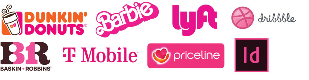 Pink logos included Dunkin Donuts, Barbie, Lyft, Dribble, Baskin Robbins, T Mobile, Priceline and Adobe Indesign