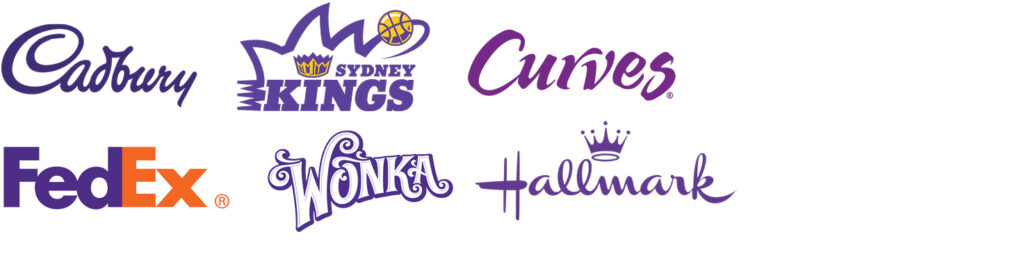 Purple logos included Cadbury, Sydney Kings, Curves, FedEx, Wonka, Hallmark