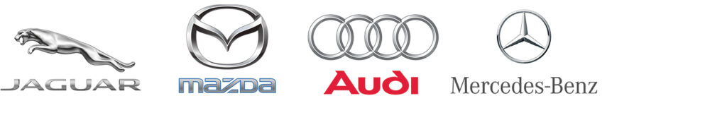 Silver logos including Jaguar, Mazda, Audi and Mercedes
