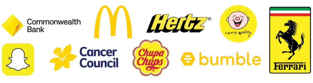 Collection of yellow logos including Commonwealth Bank, McDonalds, Hertz, Camp Quality, Ferrari, Snapchat, Cancer Council Chupa Chup, Bumble