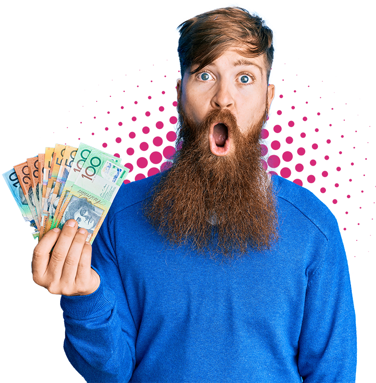 Red Haired Irish Man with beard looked shocked with mouth open and holding Australian dollar notes fanned out